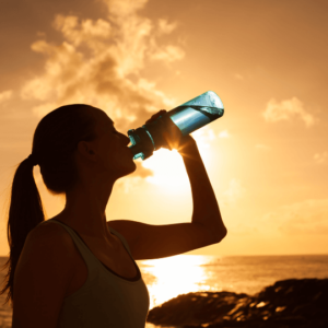 mulher bebendo agua na praia